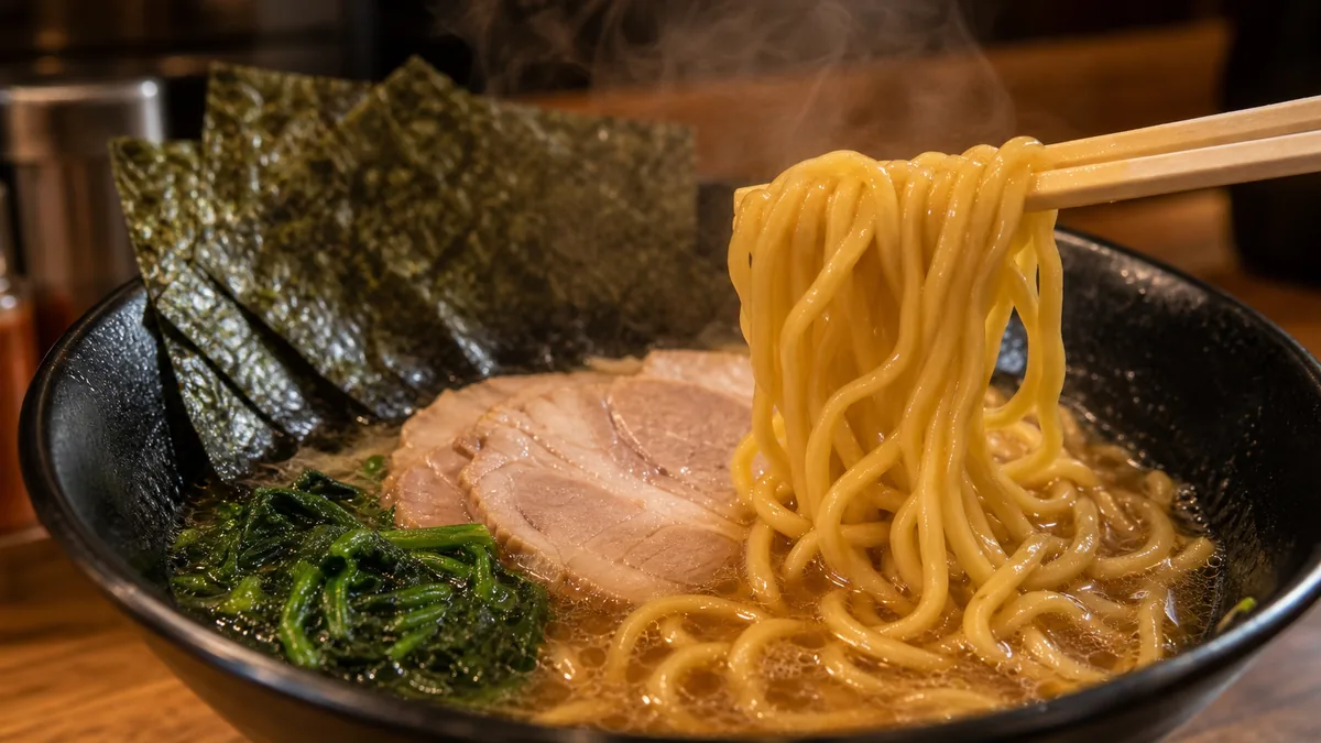 横浜家系ラーメン金山家 本店の麺へのこだわり|極低加水の特注中太麺の解説画像