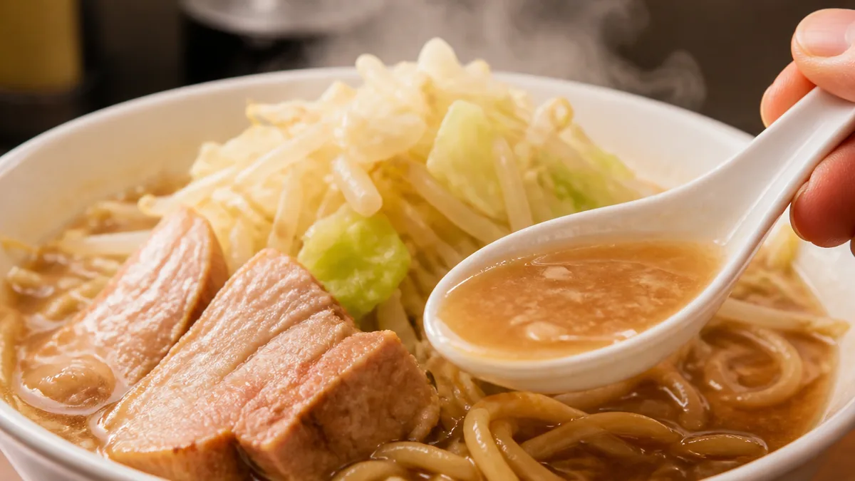 三河屋製麺の特注麺と、注文ごとに切るチャーシューの解説画像