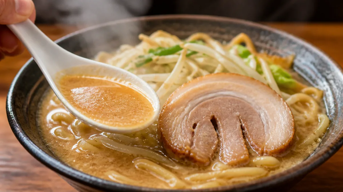 うどんのような中太麺とロールチャーシュー、具の設計図の解説画像